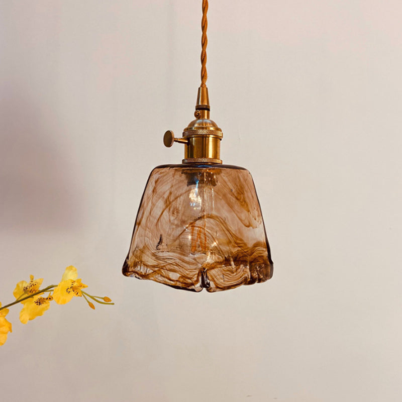 Trapezoid/Cone/Cuboid Hanging Light Modernist Amber Alabaster Glass 1 Light Brass Down Lighting Pendant for Dining Room