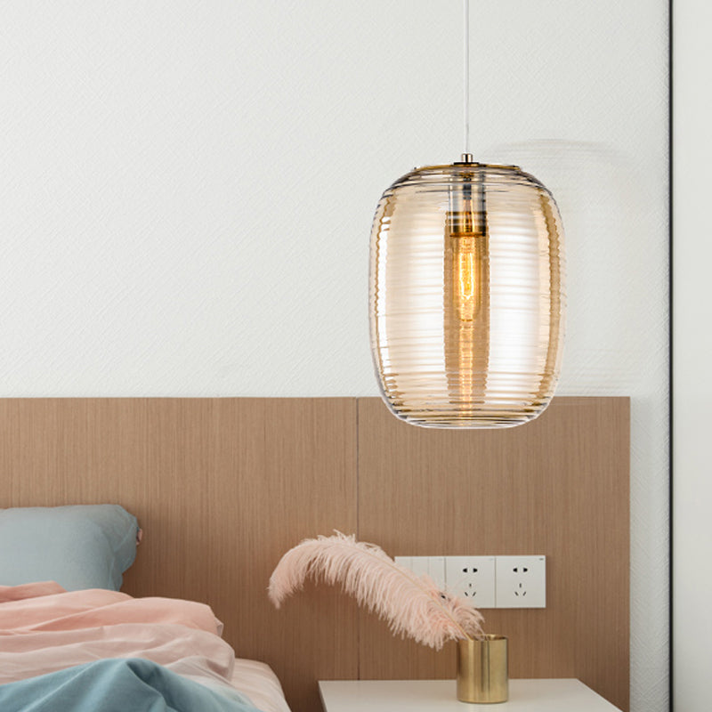 Ovale Decke Hängende Laterne moderne Bernstein/Rauch grau geripptes Glas 1-Licht-Esszimmer Anhängerleuchte