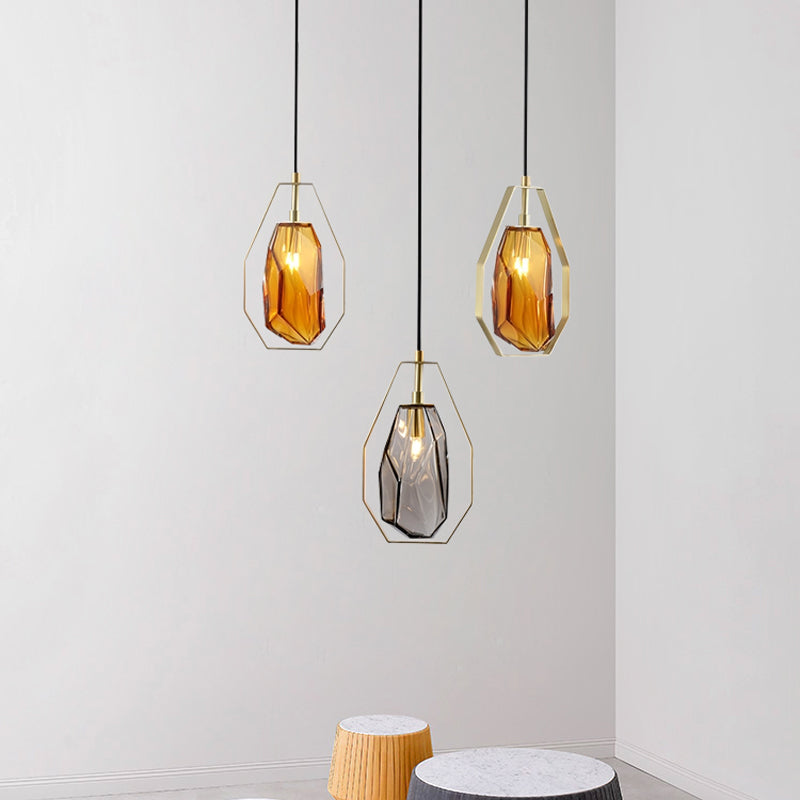 Gem Amber/Smoke Grey Glass Hanging Lamp Postmodernist 1 Light Brass Ceiling Pendant with Heptagon Frame