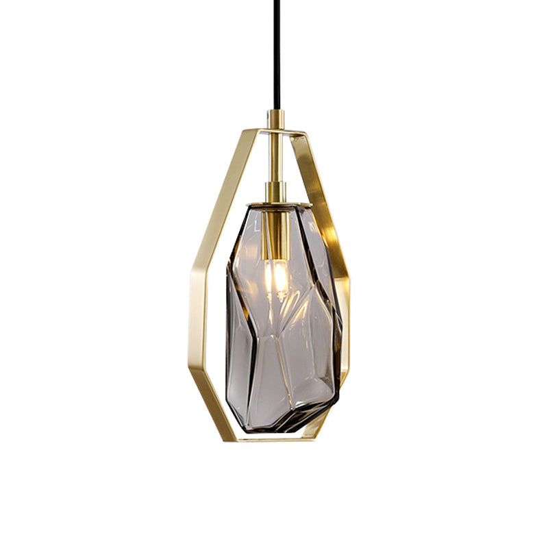 Gem Amber/Smoke Grey Glass Hanging Lamp Postmodernist 1 Light Brass Ceiling Pendant with Heptagon Frame