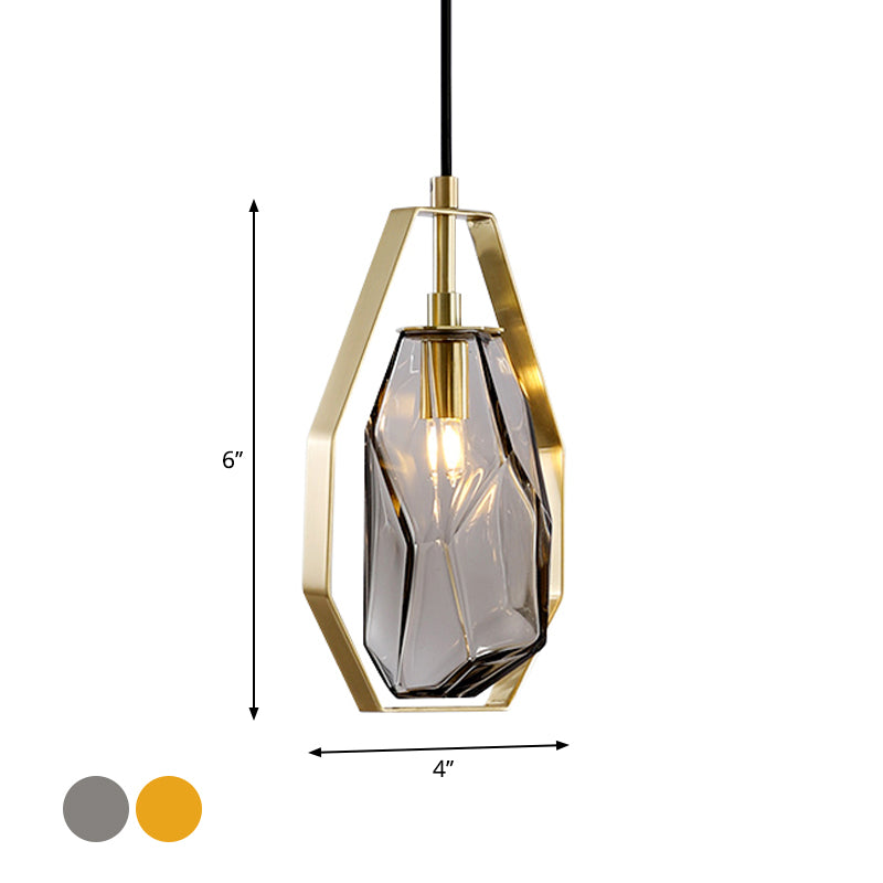 Gem Amber/Smoke Grey Glass Hanging Lamp Postmodernist 1 Light Brass Ceiling Pendant with Heptagon Frame