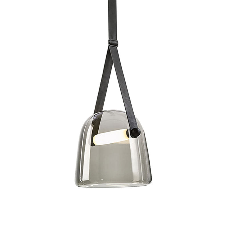 Cream/Smoke Grey Glass Cloche Pendant Postmodern 1 Bulb Black/Beige Hanging Ceiling Light with Buckle Strap
