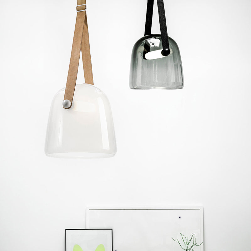 Cream/Smoke Grey Glass Cloche Pendant Postmodern 1 Bulb Black/Beige Hanging Ceiling Light with Buckle Strap