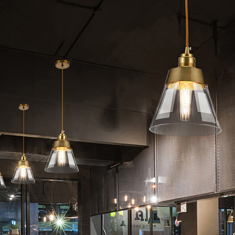 Gold Conical/Hoop/Grenade Hanging Lamp Postmodern 1-Light Metal/Clear Glass Suspension Pendant for Restaurant