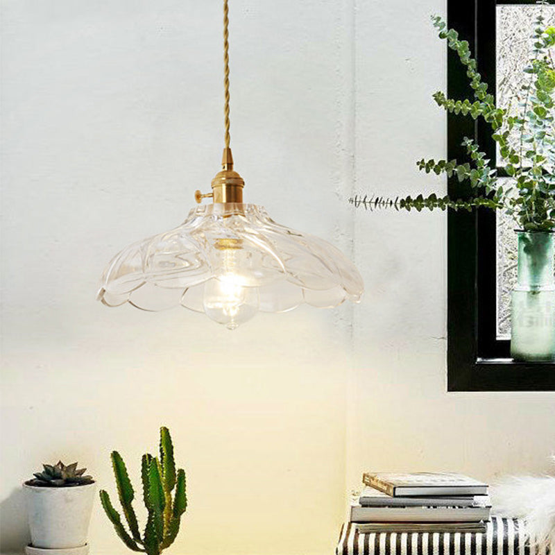 Post-Modern 1 Head Drop Pendant Gold Floral/Bowl/Cone Hanging Lamp Kit with Frosted/Clear Glass Shade
