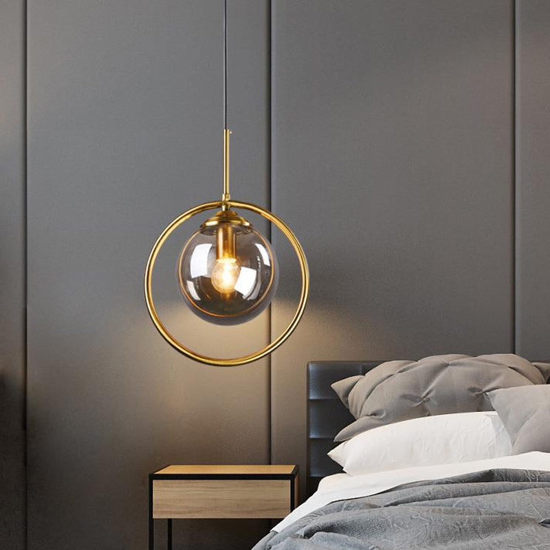 Globe Down Lighting Pendant Postmodern Clear/Amber/Smoke Grey Glass Single-Bulb Bedroom Suspension Light with Brass Ring