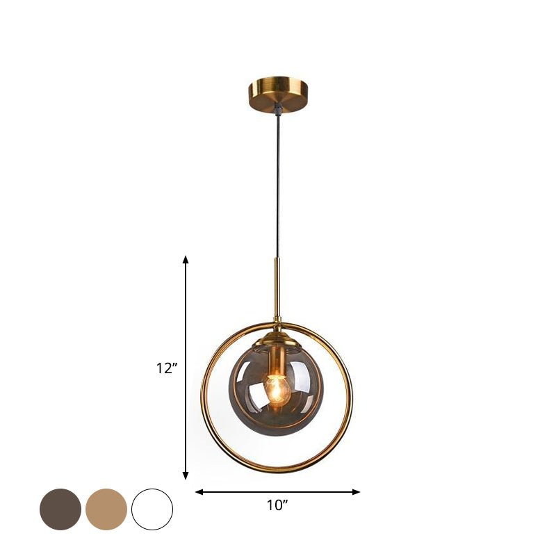 Globe Down Lighting Pendant Postmodern Clear/Amber/Smoke Grey Glass Single-Bulb Bedroom Suspension Light with Brass Ring