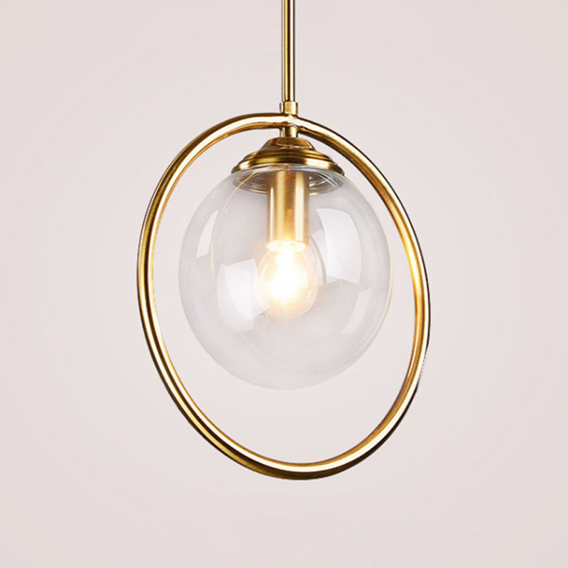 Globe Down Lighting Pendant Postmodern Clear/Amber/Smoke Grey Glass Single-Bulb Bedroom Suspension Light with Brass Ring