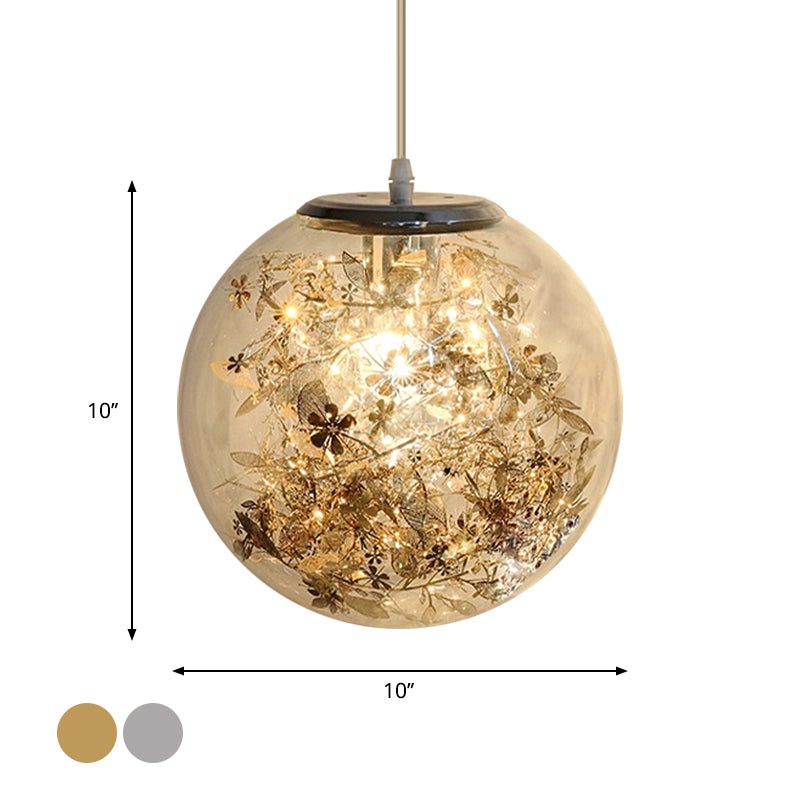 Globe Clear Glass Pendulum Light Modern 1 Head Silver/Gold Ceiling Hang Lamp with Scattered Flower Decor