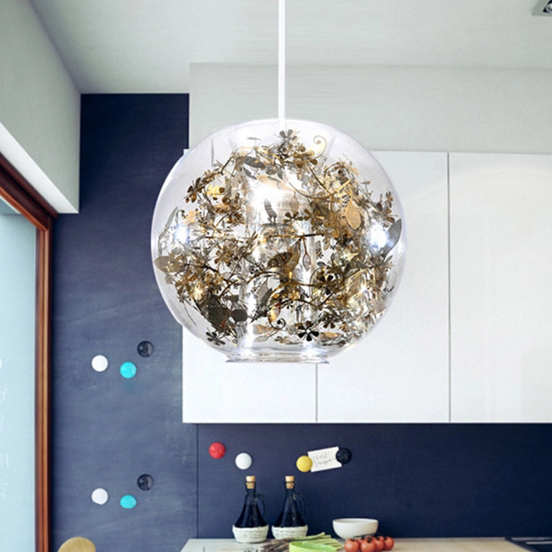 Globe Clear Glass Pendulum Light Modern 1 Head Silver/Gold Ceiling Hang Lamp with Scattered Flower Decor