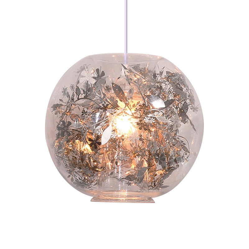 Globe Clear Glass Pendulum Light Modern 1 Head Silver/Gold Ceiling Hang Lamp with Scattered Flower Decor