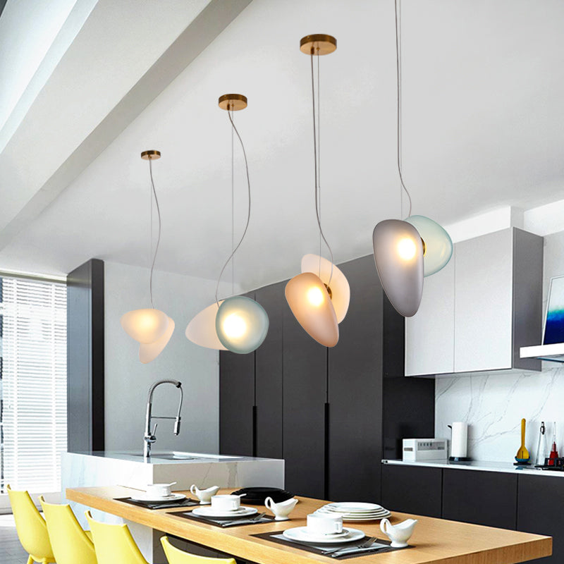 2 Bulbs Dining Room Pendant Light Post-Modern Brass Suspension Lighting with Pebble Light-Blue/Cream Glass Shade