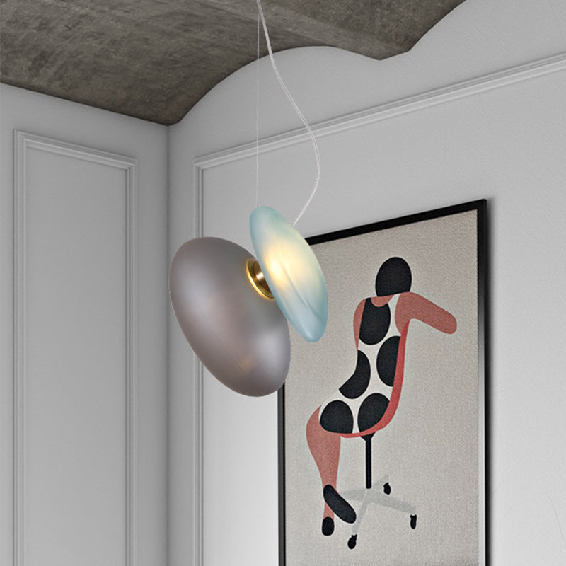 2 Bulbs Dining Room Pendant Light Post-Modern Brass Suspension Lighting with Pebble Light-Blue/Cream Glass Shade