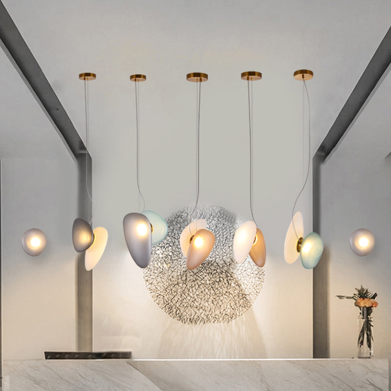 2 Bulbs Dining Room Pendant Light Post-Modern Brass Suspension Lighting with Pebble Light-Blue/Cream Glass Shade