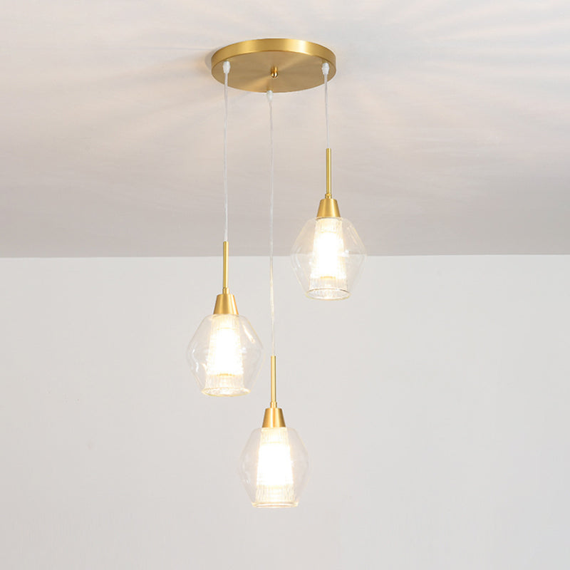 Dual-Shade Diamond Ceiling Hand Lamp Modern Clear Glass 3-Bulb Gold Round/Linear Canopy Cluster Pendant Light