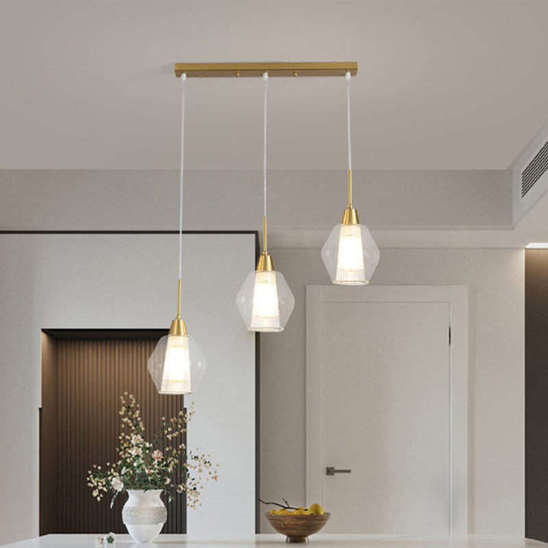 Dual-Shade Diamond Ceiling Hand Lamp Modern Clear Glass 3-Bulb Gold Round/Linear Canopy Cluster Pendant Light