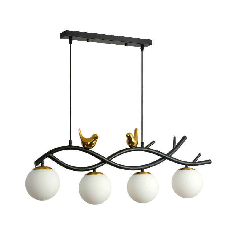 Linear / Branch Dining Room Island Lampe Cream Ball Verre 4 Heads Contemporary suspendu suspendu avec oiseau déco en noir-or