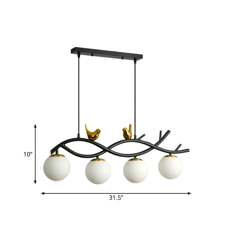 Linear / Branch Dining Room Island Lampe Cream Ball Verre 4 Heads Contemporary suspendu suspendu avec oiseau déco en noir-or