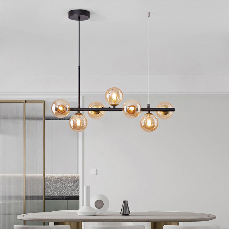 Clear/Amber/Smoke Grey Glass Ball Pendant Postmodern 7/9/11 Lights Black/Gold Hanging Island Light for Kitchen