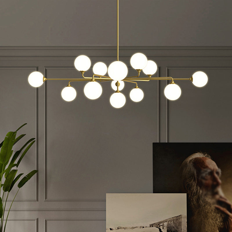 Postmodern Sputnik Island Lighting Metal 6/9/12 Heads Living Room Ceiling Pendant in Gold with Ball White Glass Shade