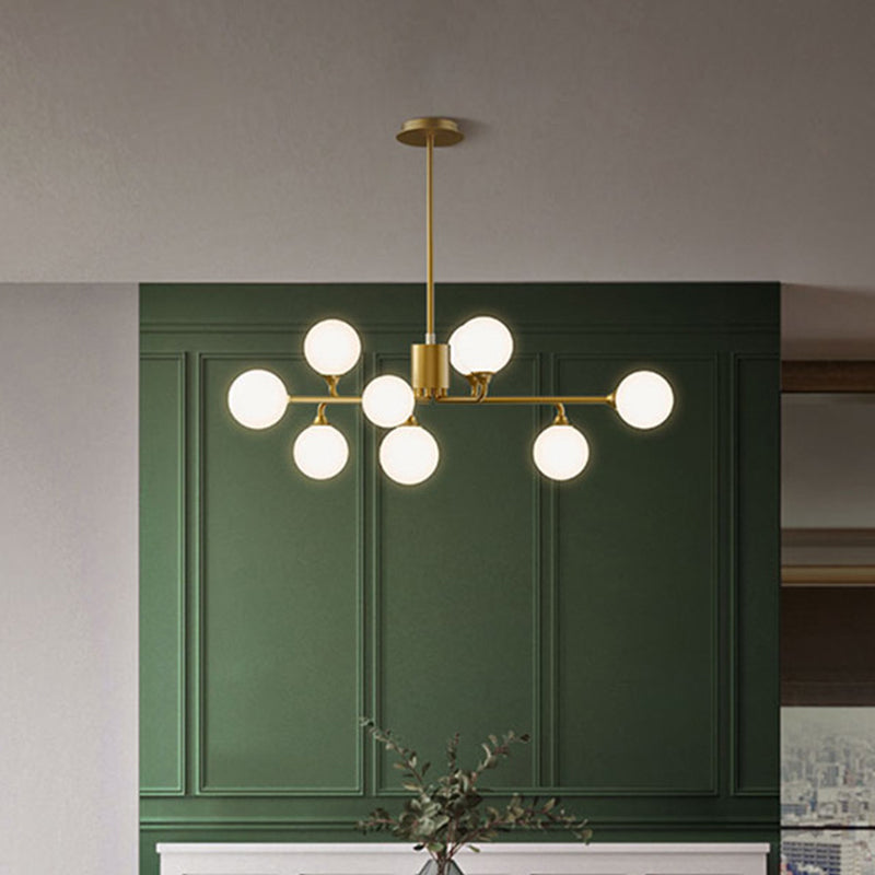 Postmodern Sputnik Island Lighting Metal 6/9/12 Heads Living Room Ceiling Pendant in Gold with Ball White Glass Shade