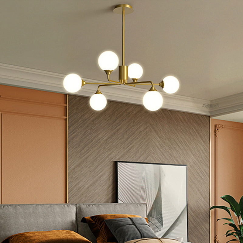 Postmodern Sputnik Island Lighting Metal 6/9/12 Heads Living Room Ceiling Pendant in Gold with Ball White Glass Shade