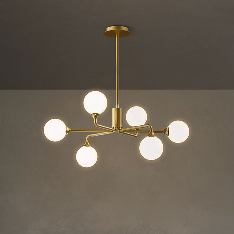 Postmodern Sputnik Island Lighting Metal 6/9/12 Heads Living Room Ceiling Pendant in Gold with Ball White Glass Shade