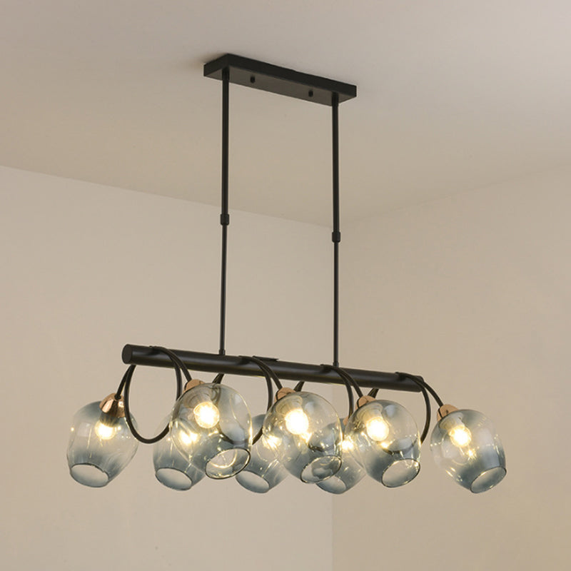 Wine Cup Island Light Modern Dimpled Blue/Green Ombre Glass 6/8/10-Head Black Suspended Lighting Fixture