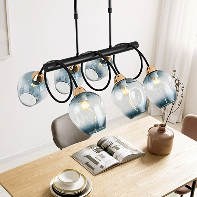 Wine Cup Island Light Modern Dimpled Blue/Green Ombre Glass 6/8/10-Head Black Suspended Lighting Fixture
