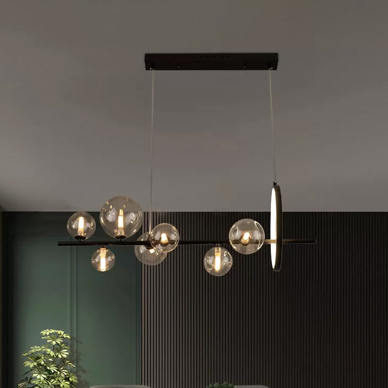 Ball Transparent Glass Hanging Pendant Modernism 7-Bulb Black Island Light Fixture for Restaurant