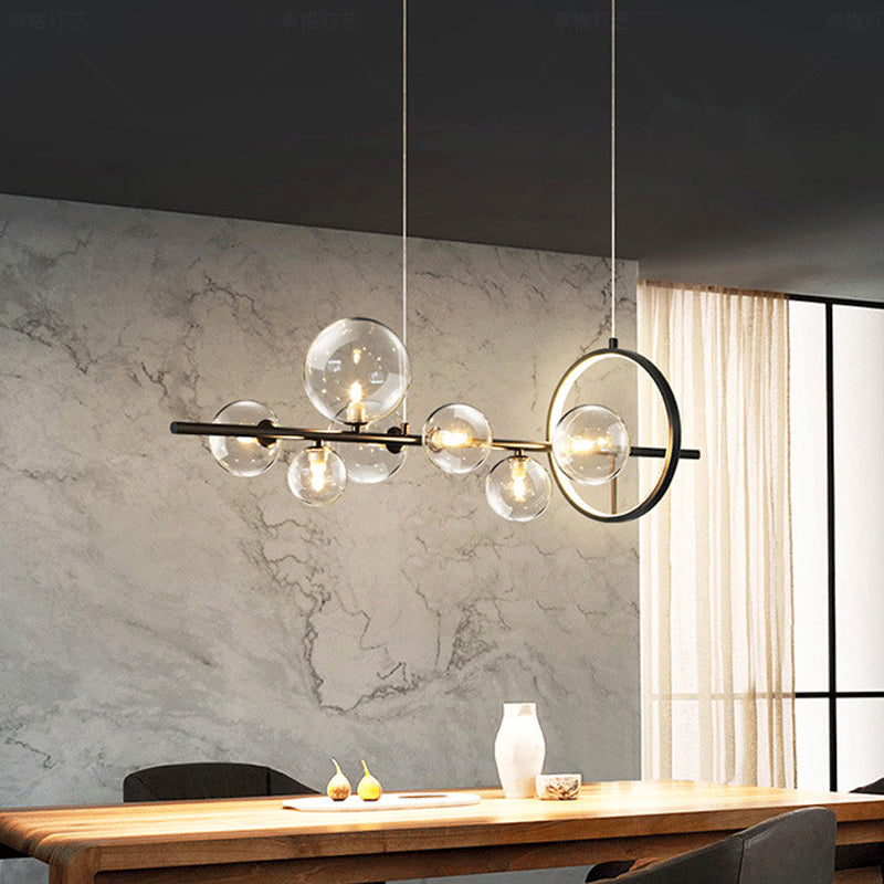 Ball Transparent Glass Hanging Pendant Modernism 7-Bulb Black Island Light Fixture for Restaurant