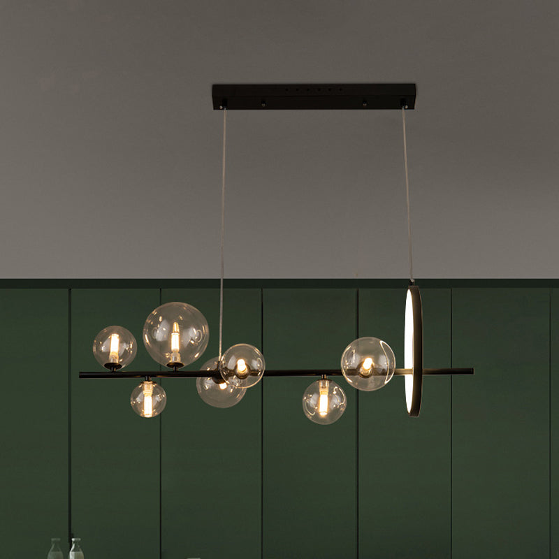 Ball Transparent Glass Hanging Pendant Modernism 7-Bulb Black Island Light Fixture for Restaurant