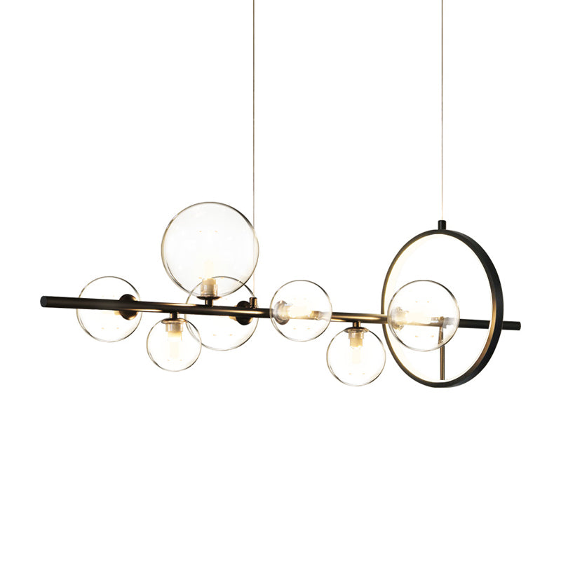 Ball Transparent Glass Hanging Pendant Modernism 7-Bulb Black Island Light Fixture for Restaurant