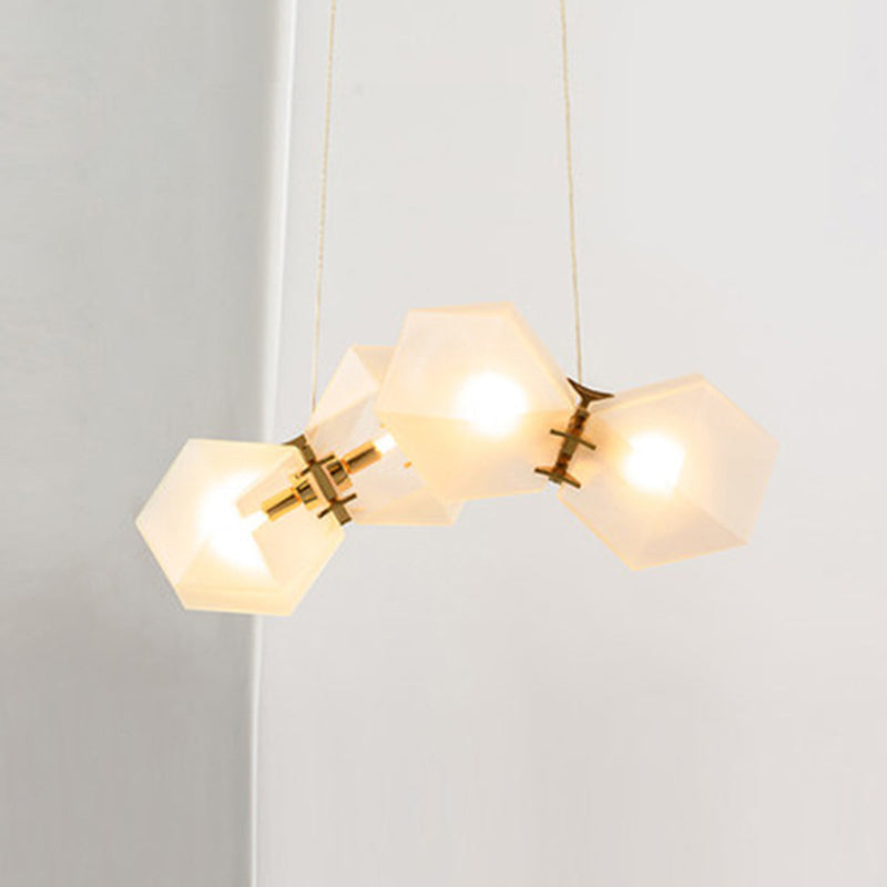 Frosted White Glass Honeycomb Island Lamp Modern Style 2/4/8-Light Brass Ceiling Hang Light for Living Room
