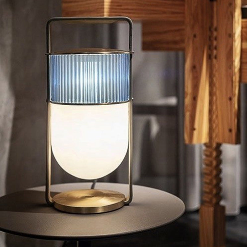 Lantern Handled Table Lamp Postmodern Frosted and Clear Ribbed Glass 1 Head Bedroom Nightstand Light in Black and Brass