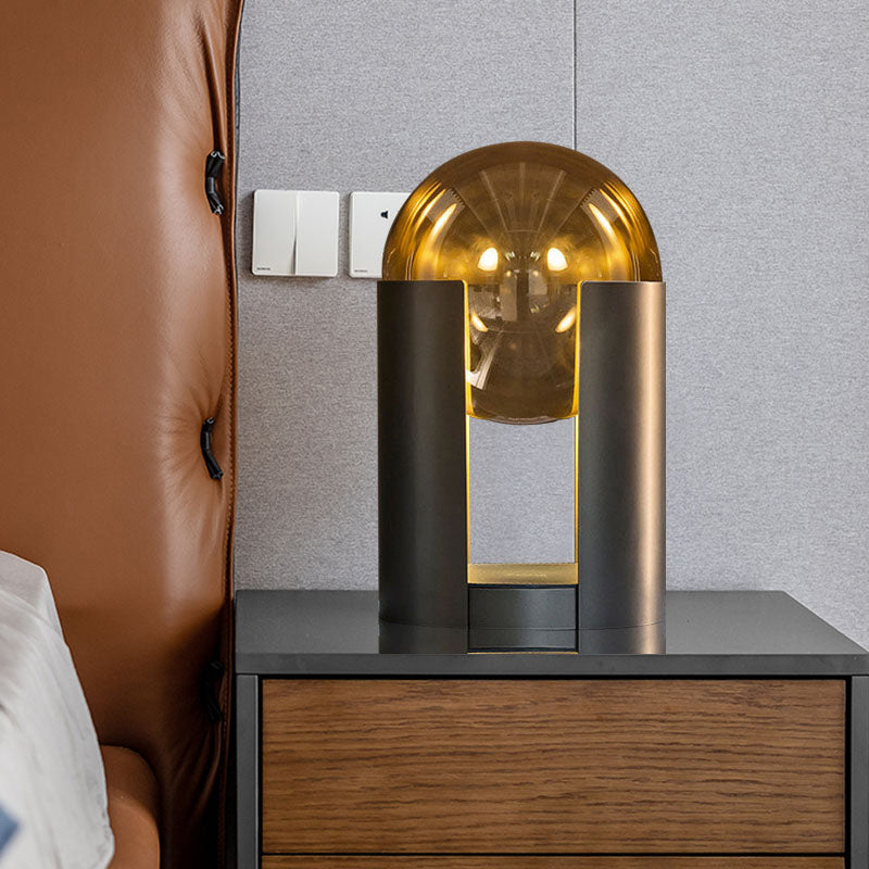 Black Cylindrical Table Light Postmodern 1 Bulb Amber Ball Glass Night Stand Lamp with Gap Design