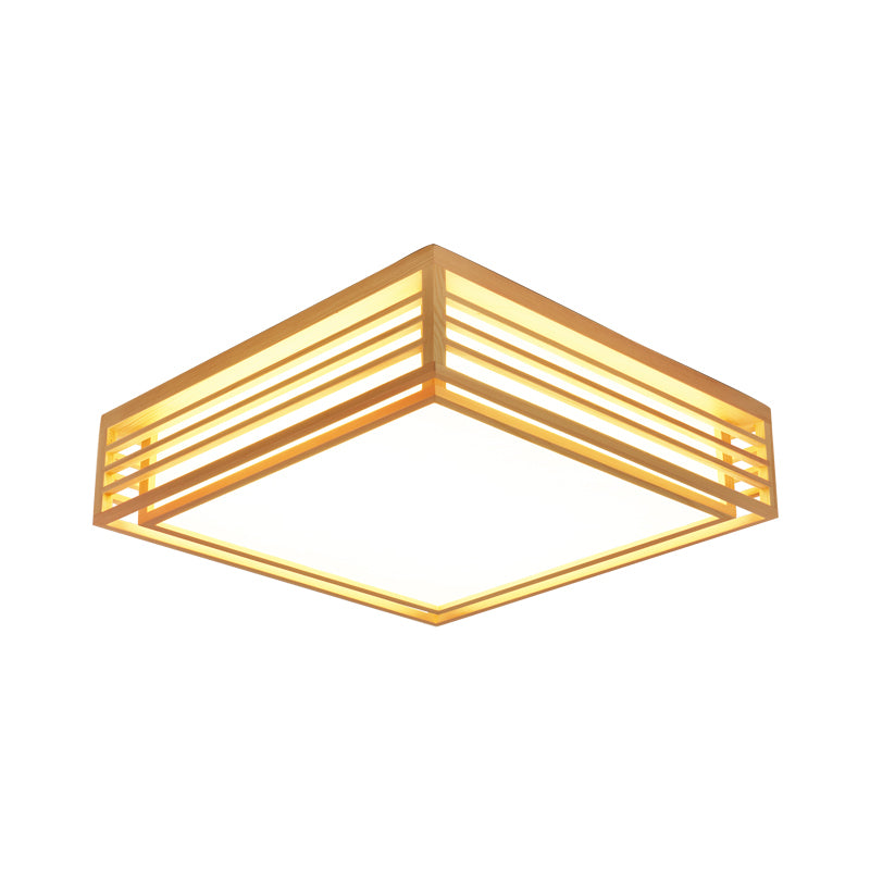 Square Acrylic Flush Ceiling Light Asian Beige LED Flush Mount Light Fixture in Warm/White Light with Wood Frame, 14"/21.5"/25.5" W