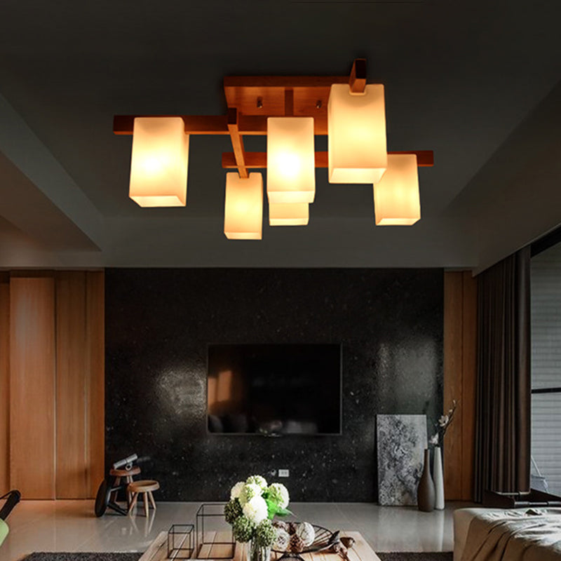 Lámpara de techo contemporánea de 6 luces, semiempotrada, cuboide, de vidrio blanco esmerilado, con brazo de madera