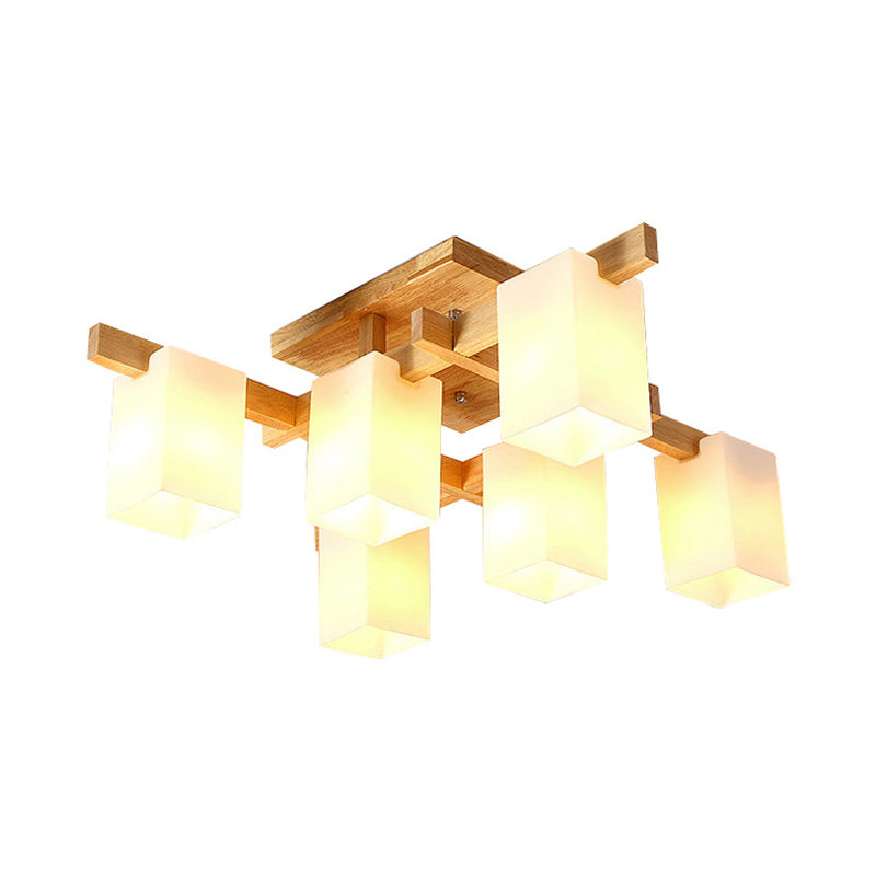 Lámpara de techo contemporánea de 6 luces, semiempotrada, cuboide, de vidrio blanco esmerilado, con brazo de madera