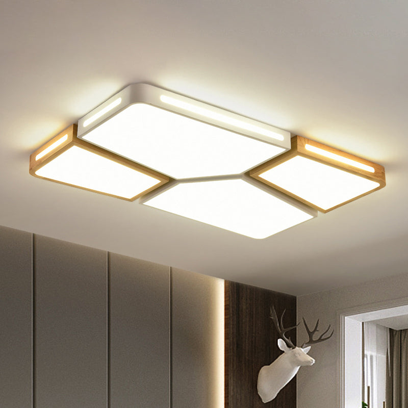 Modern Spliced Rectangle Flush Mount Wooden 35.5"/45" Wide LED Bedroom Ceiling Flush Light in Grey/White/Green