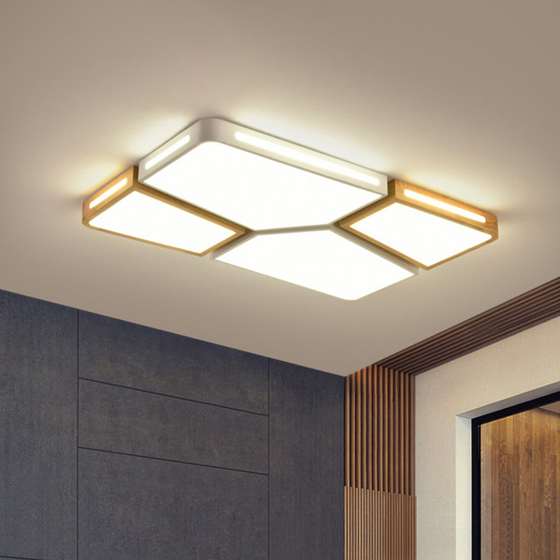 Modern Spliced Rectangle Flush Mount Wooden 35.5"/45" Wide LED Bedroom Ceiling Flush Light in Grey/White/Green