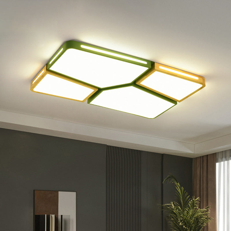 Modern Spliced Rectangle Flush Mount Wooden 35.5"/45" Wide LED Bedroom Ceiling Flush Light in Grey/White/Green