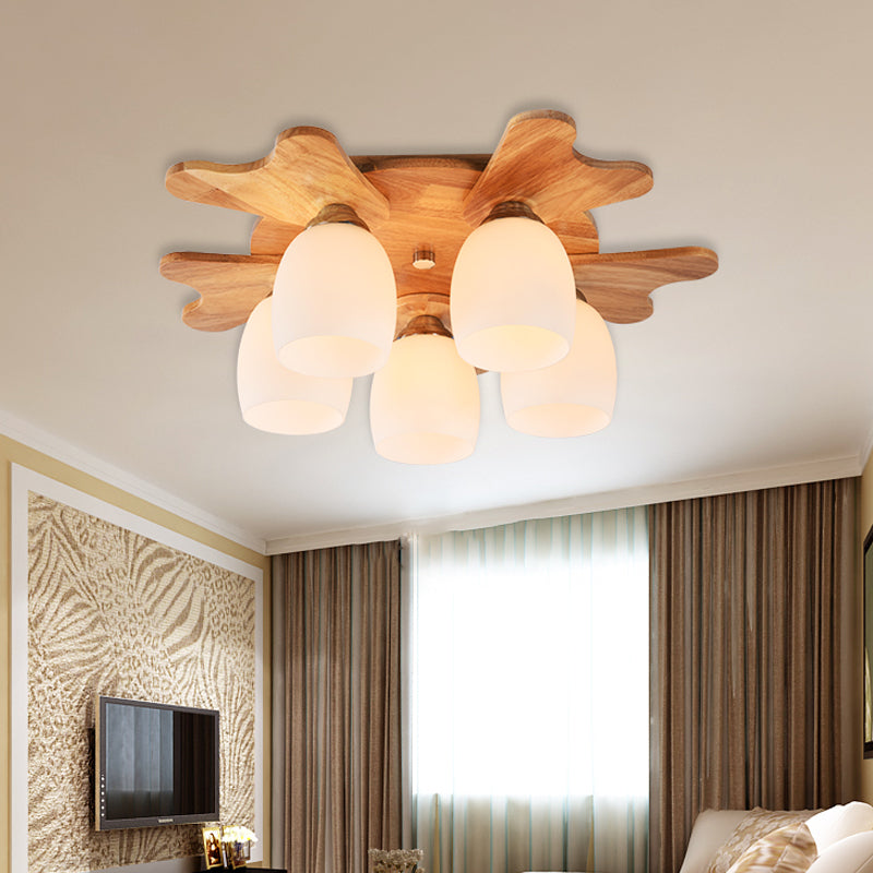 Cream Glass Bell Flush Ceiling Light Nordic 1/5/7-Head Semi Mount Lighting with Antler Top in Wood