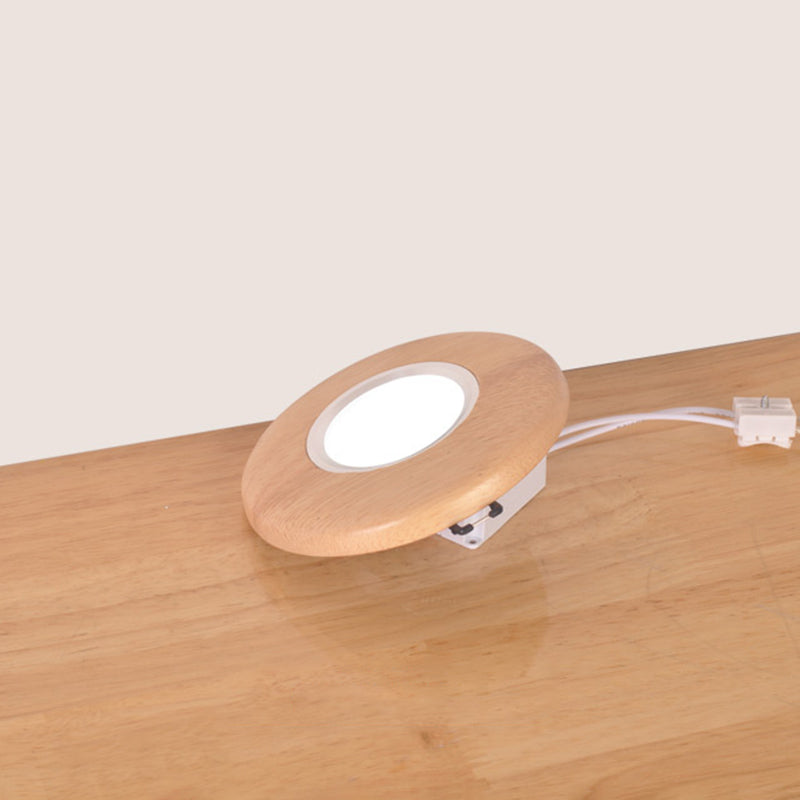 Mini Plate Shaped Flush Mount Light Simplicity Wood Living Room LED Ceiling Lamp in Warm/White Light