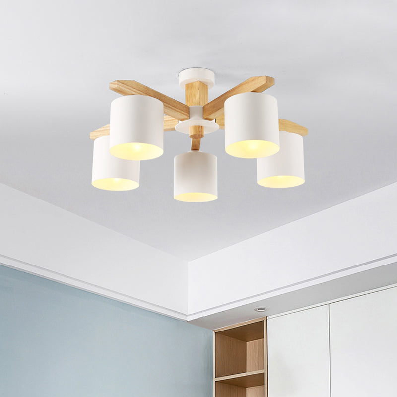 Lámpara de techo empotrada blanca nórdica de 5/6/8 luces Sputnik de madera con pantalla cilíndrica de metal