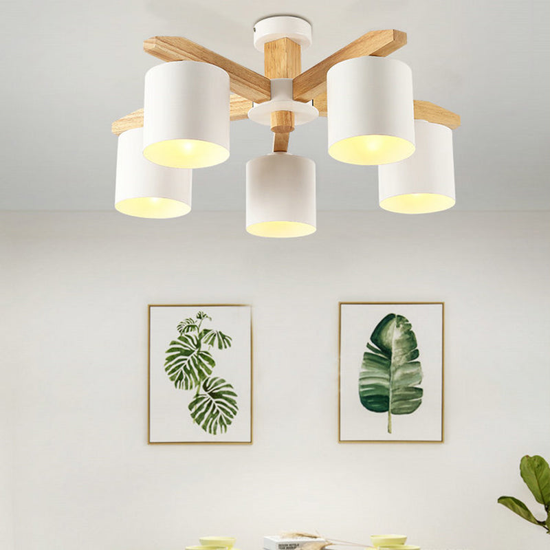 Lámpara de techo empotrada blanca nórdica de 5/6/8 luces Sputnik de madera con pantalla cilíndrica de metal