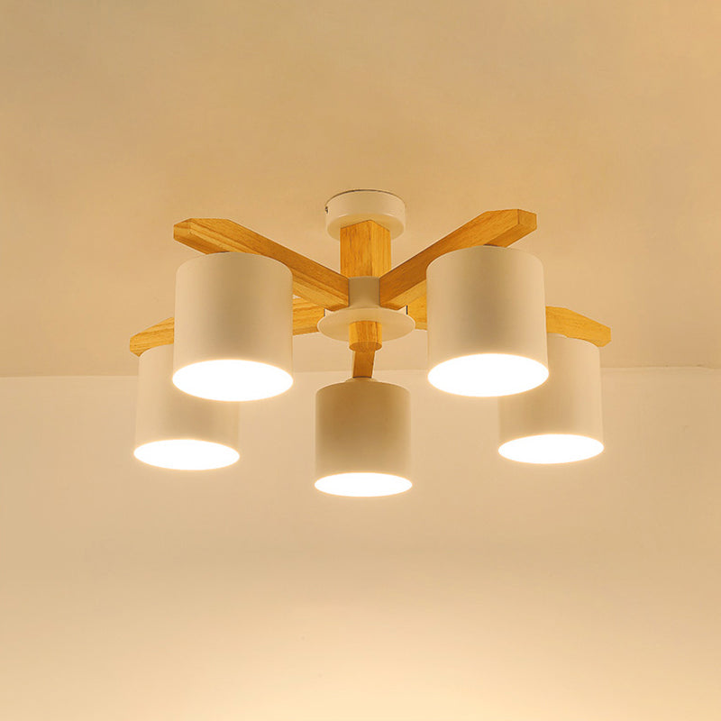 Lámpara de techo empotrada blanca nórdica de 5/6/8 luces Sputnik de madera con pantalla cilíndrica de metal