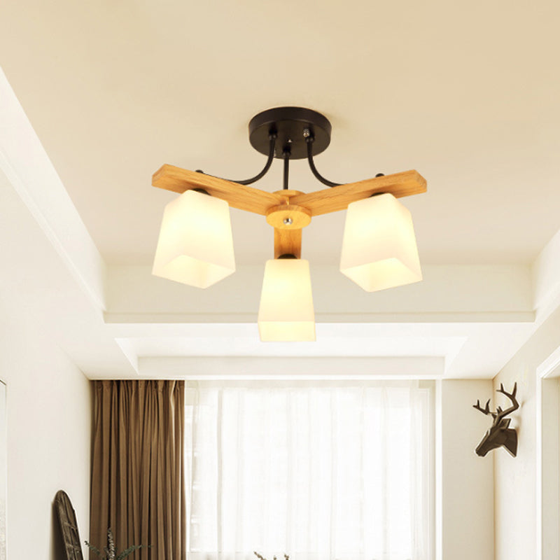 3/6/8 Lights Living Room Semi Flush Nordic Black and Wood Flush Mount Ceiling Chandelier with Square Milk Glass Shade