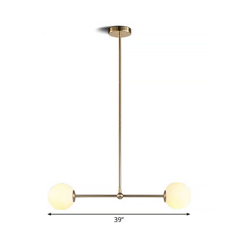 Minimalist Bar Shaped Pendant Light Metallic 2 Lights Postmodern Chandelier in Gold with Orb White Glass Shade