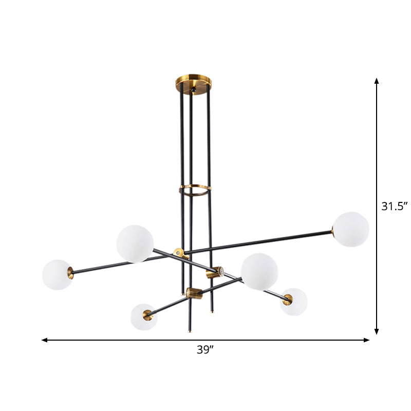 Schwarzer 3-Arm-Kronleuchter-leichter postmoderner 6 Lampenmodelle Deckenanhänger mit Ballmilchglasschatten